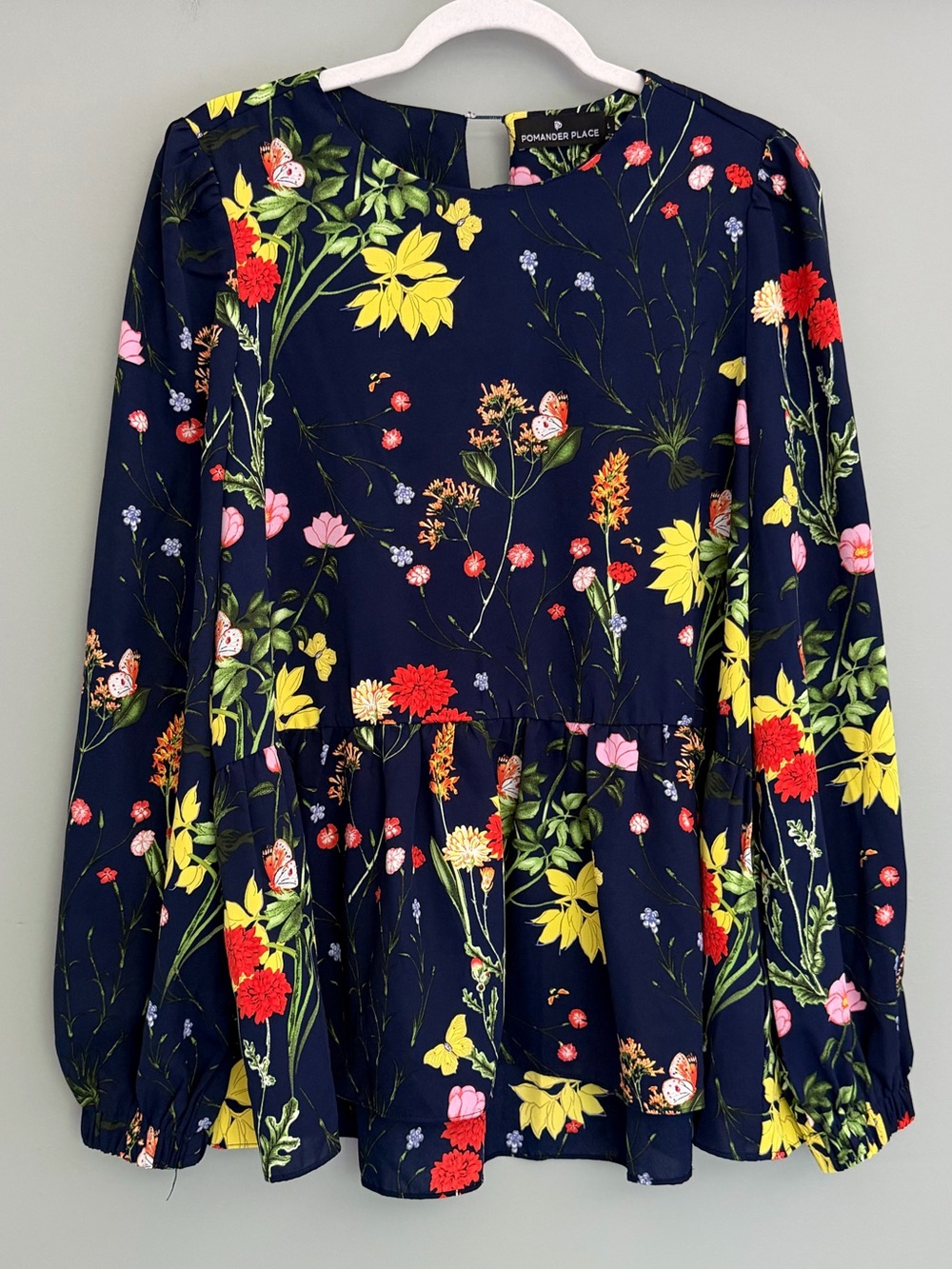 Pomander Place "Carlota" Navy Blue Wildflowers Long Sleeve Peplum Blouse - Picture 1 of 14